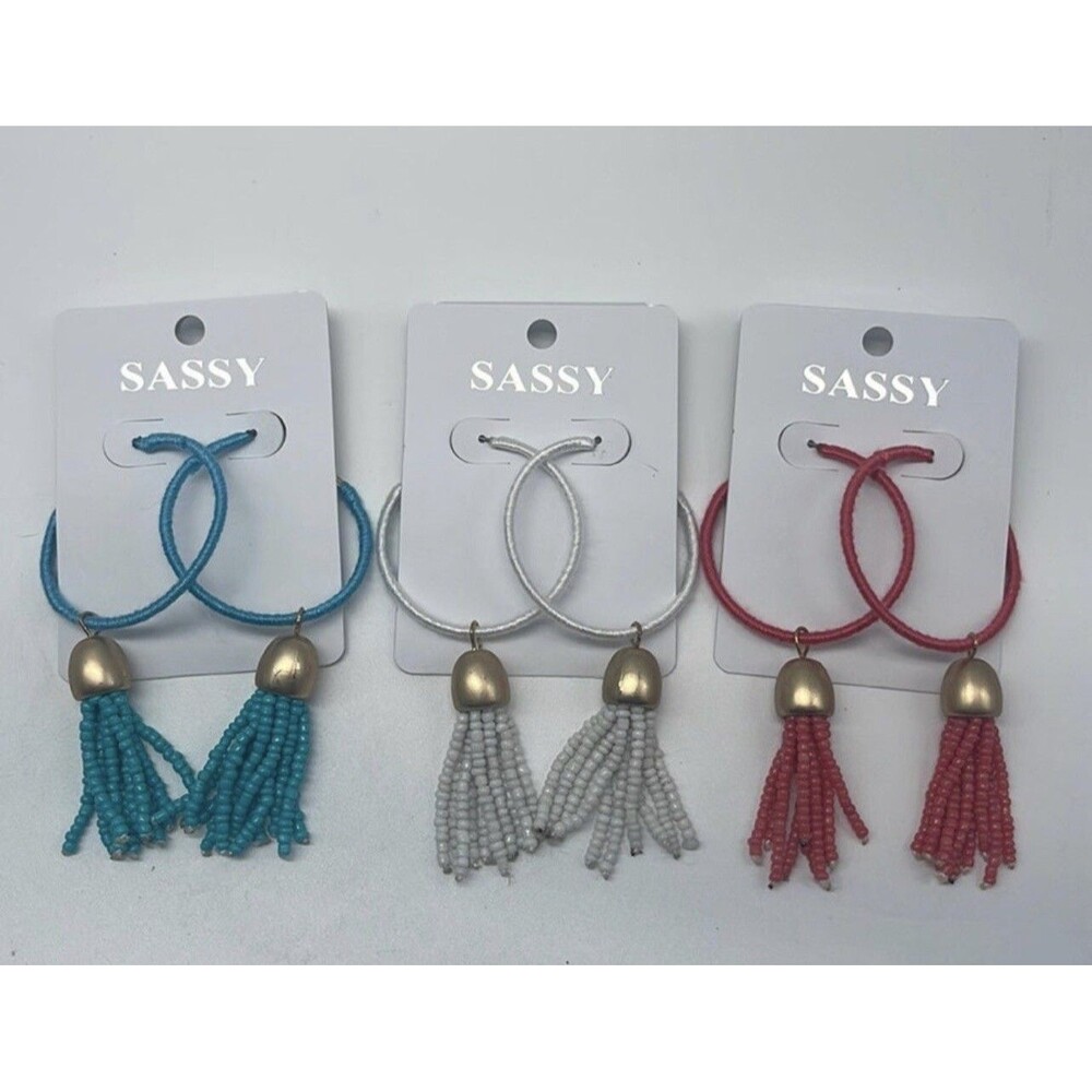 Sassy Bundle Of 3 Tassel Hoop Earrings In White, Turquoise & Coral New